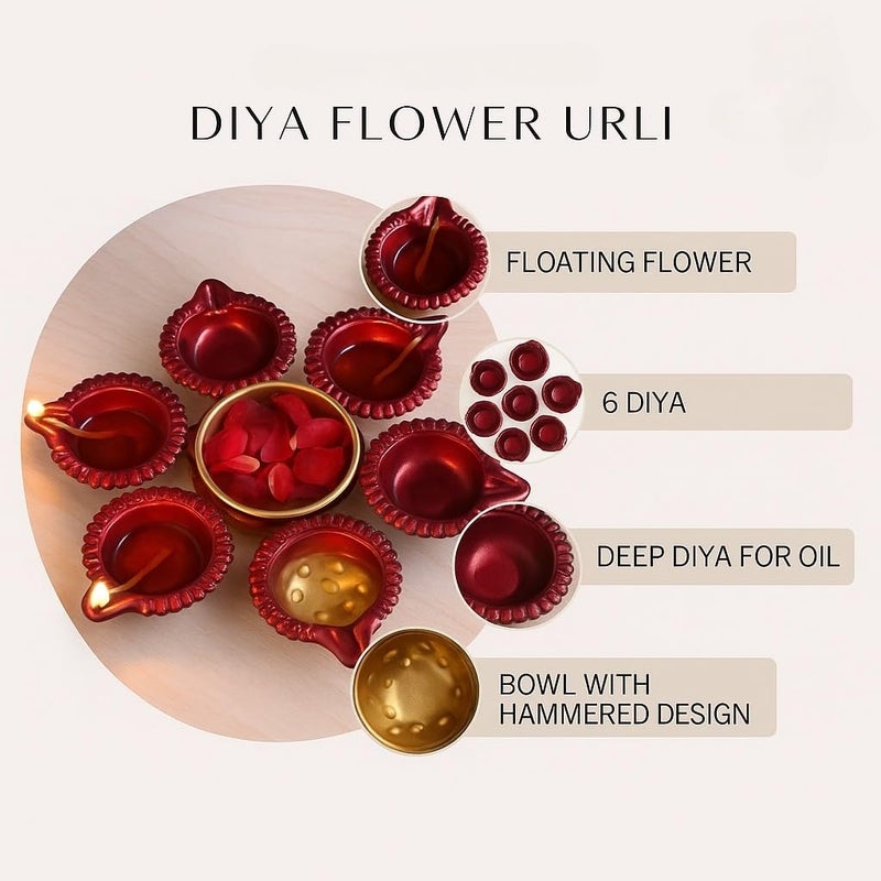 S Decor Premium Urli Bowl with 6 Diya for Festive Decor | Elegant Home Decor & Diwali Decoration for Home | Mandir Decoration Items for Pooja Festival & Diwali Decor Items (Maroon Urli Bowl) - Image 4