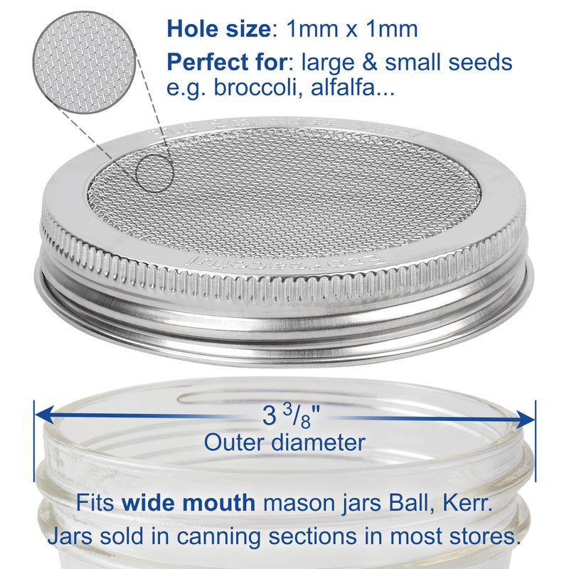 EcoPeaceful 6-Pack - ONE-PIECE- 316 Surgical Stainless Steel Sprouting Lids for Wide Mouth Mason Jar - Ball or Kerr - Strainer Mesh Lids - Rust-Proof - Image 3