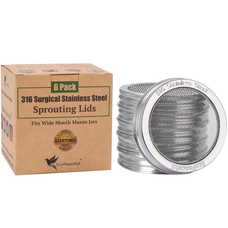 EcoPeaceful 6-Pack - ONE-PIECE- 316 Surgical Stainless Steel Sprouting Lids for Wide Mouth Mason Jar - Ball or Kerr - Strainer Mesh Lids - Rust-Proof - Image 4