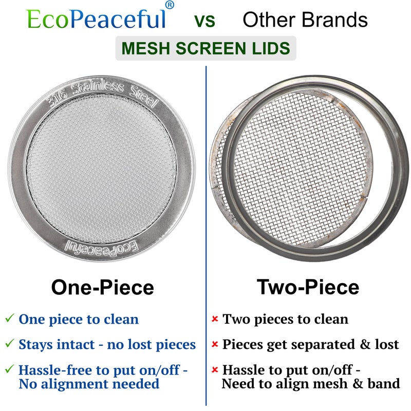 EcoPeaceful 6-Pack - ONE-PIECE- 316 Surgical Stainless Steel Sprouting Lids for Wide Mouth Mason Jar - Ball or Kerr - Strainer Mesh Lids - Rust-Proof - Image 2