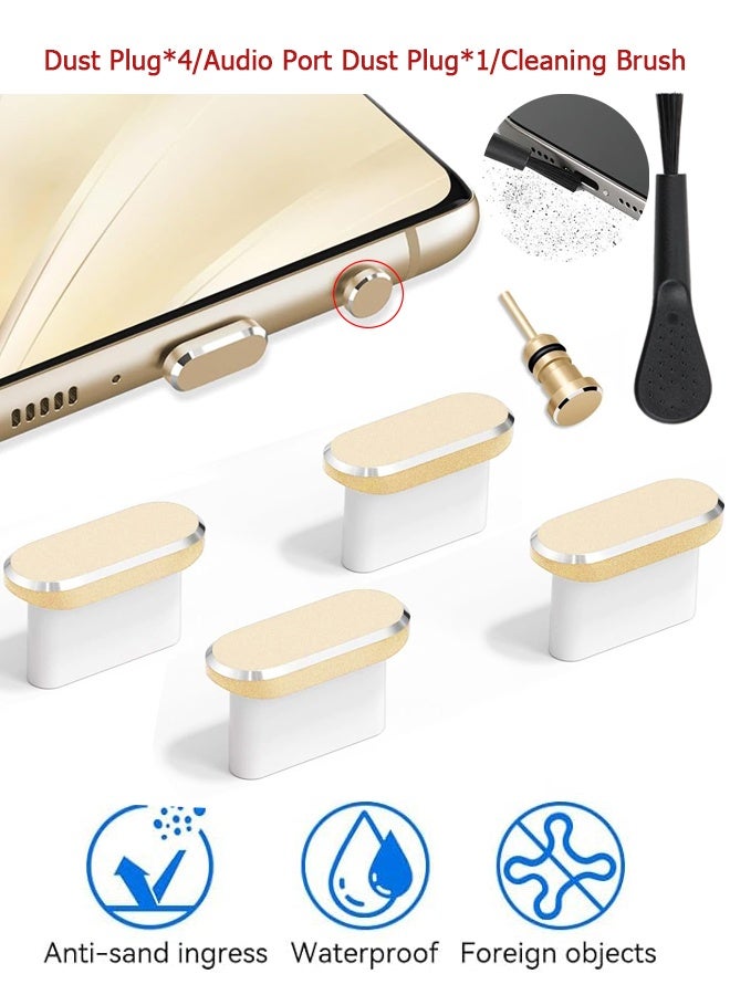 Wffo 6 Pack USB C Dust Plug - 3.5mm Headphone Dust Plug - Type C Anti Dust Plug Cover Charging Port Protector Cap with Cleaning Brush - for iPhone 15/16 Series, Samsung Galaxy S22/S21/S20, Note 20/10, All USB C Devices - Compatible with Mobiles and Laptops - Gold - Image 1