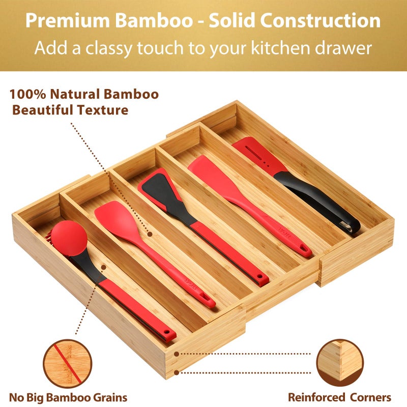 Umilife Expandable Kitchen Drawer Organizer, 2.5" High Bamboo Utensils Silverware Tray, Adjustable Large Deep Wood Organization Holder - Image 3