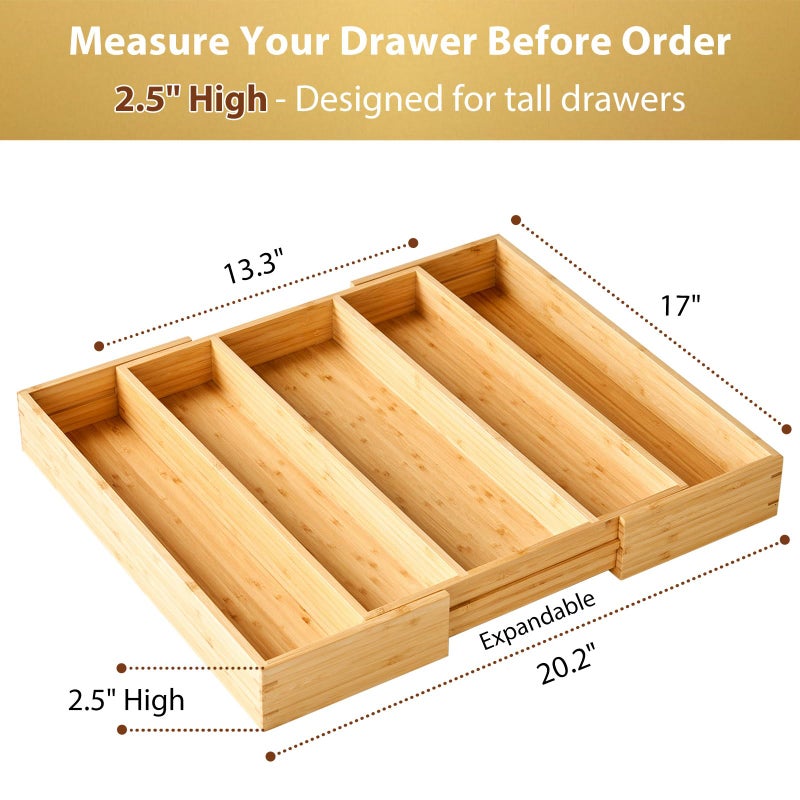 Umilife Expandable Kitchen Drawer Organizer, 2.5" High Bamboo Utensils Silverware Tray, Adjustable Large Deep Wood Organization Holder - Image 2