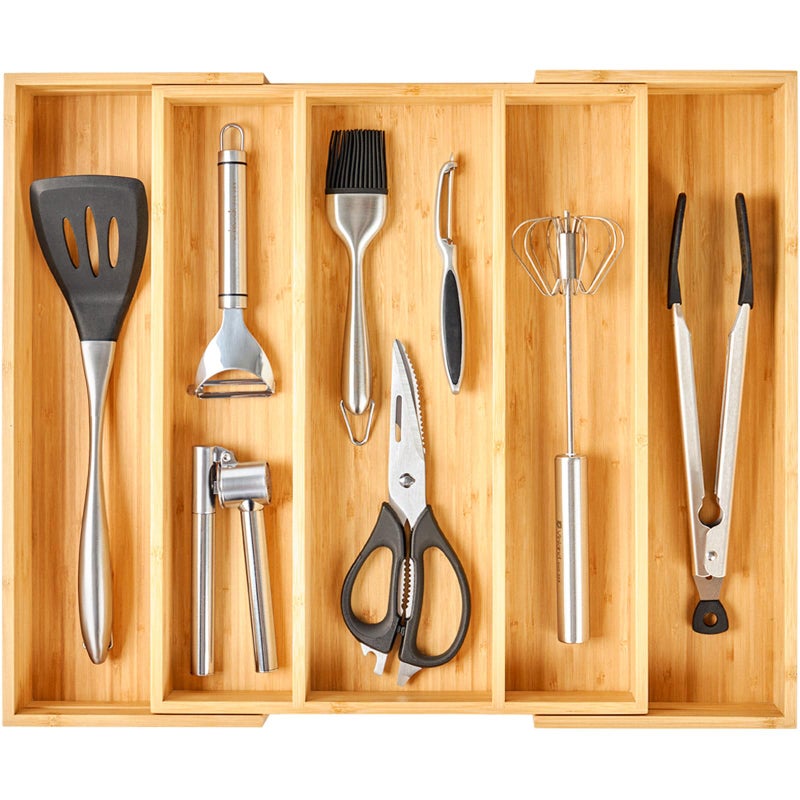 Umilife Expandable Kitchen Drawer Organizer, 2.5" High Bamboo Utensils Silverware Tray, Adjustable Large Deep Wood Organization Holder - Image 1