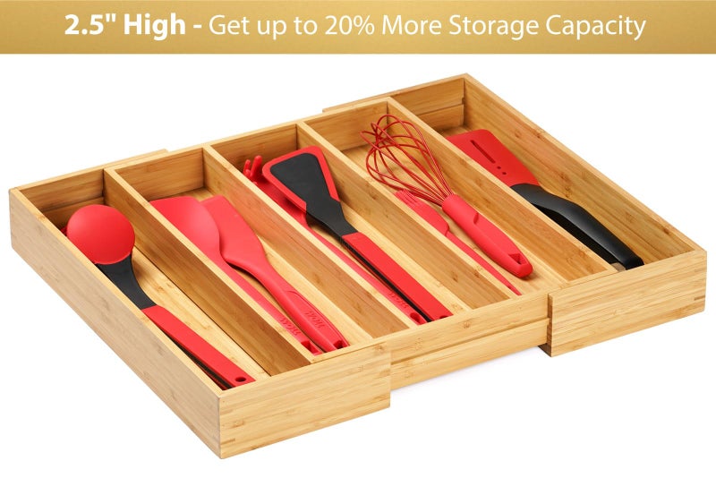 Umilife Expandable Kitchen Drawer Organizer, 2.5" High Bamboo Utensils Silverware Tray, Adjustable Large Deep Wood Organization Holder - Image 5