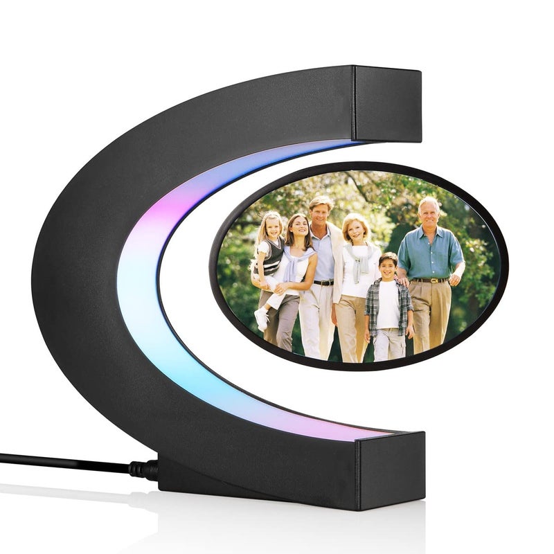 UVEHAS Levitating Photo Frame with LED Colorful Lights Magnetic Levitation Floating Rotating Picture Frame Display Stand Night Light for Home Office Desk Decoration Wedding Gift C Shape