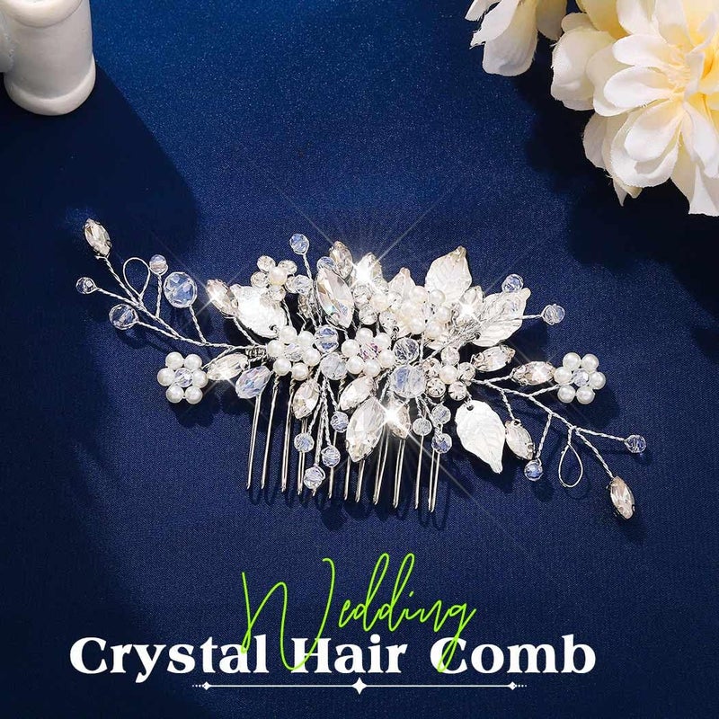 JEAIRTS Crystal Hair Comb Silver Bridal Pearl Headpiece Wedding Hair Accessories for Women - Image 3