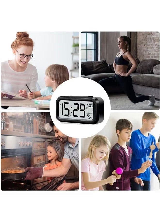 اتش واي ساعة منبّه رقمية بشاشة LCD، ساعة مكتبية ذكية صغيرة مع درجة حرارة داخلية، التاريخ، حساس ضوء، إضاءة خلفية، تعمل بالبطارية، للمنزل، غرفة النوم، الأطفال، المكتب (أسود) - Image 5