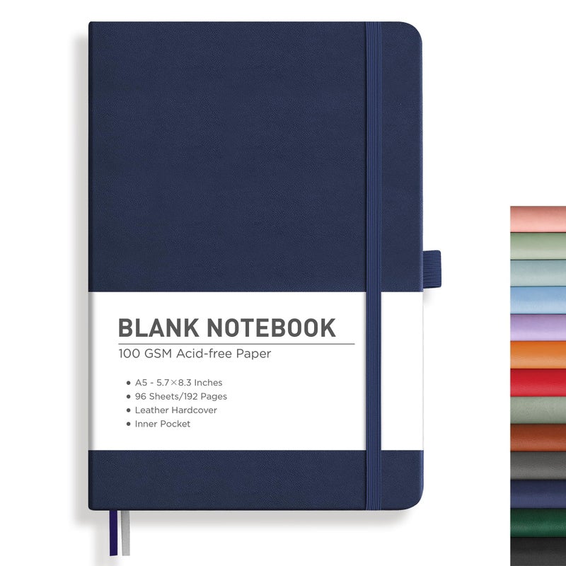 Rettacy Blank Journal Notebook  192 Pages  A5 Medium Size (5.7'' X 8.3'')  Leather Hardcover  100 Gsm Thick Paper  For Sketching  Drawing  Painting (Navy Blue) - Image 1