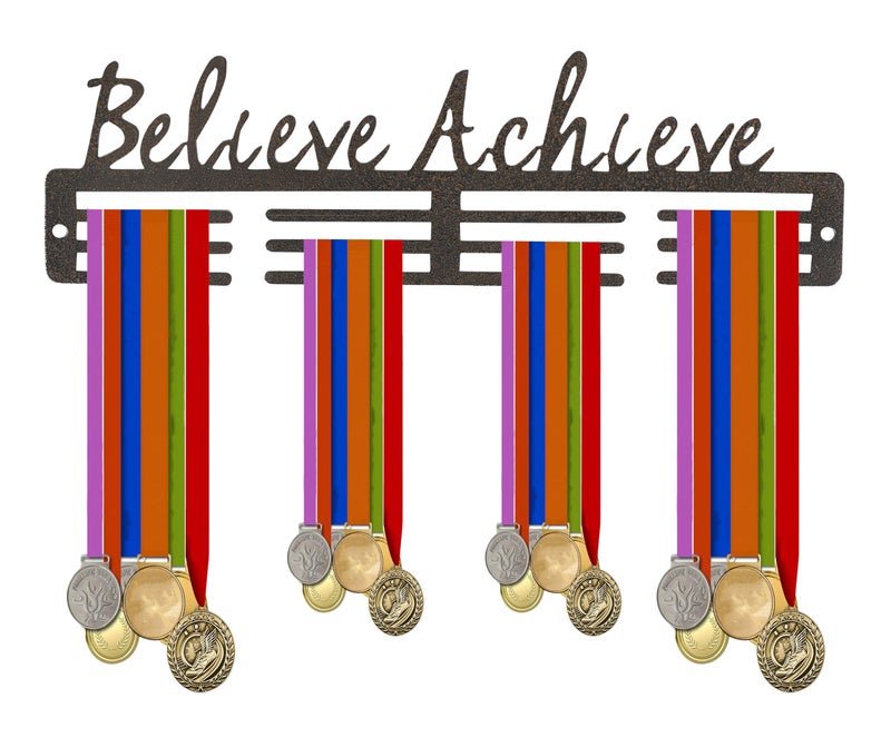 NAITIK CREATION Medal Hanger for Wall – Medal Holder Display Hanger | Holds Up to 65 Medals | Sports Medal Display | Medals Hanger | Premium Antique Golden (Believe Achieve) - Image 1