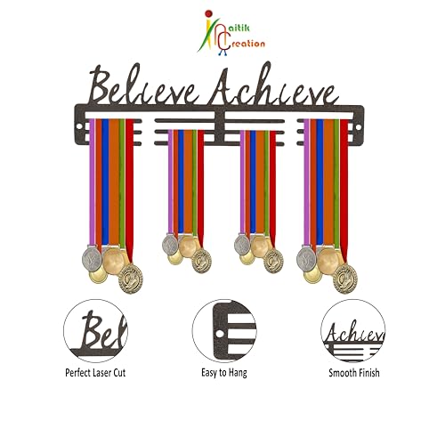 NAITIK CREATION Medal Hanger for Wall – Medal Holder Display Hanger | Holds Up to 65 Medals | Sports Medal Display | Medals Hanger | Premium Antique Golden (Believe Achieve) - Image 4