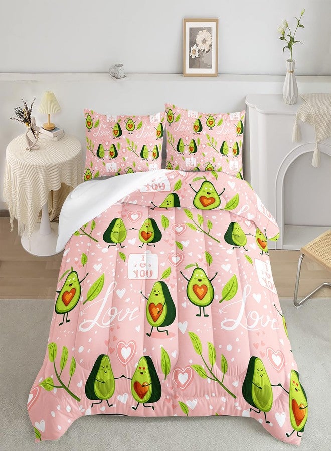 AILONEN Kawaii Avocado Comforter Set Twin Size,Pink Love Cute Avocado Bedding Set for Kids Women,Fruit Printed Bed in a Bag Pink Comforter and 2 Pillowcases for Room Decor,3 Pieces - Image 3