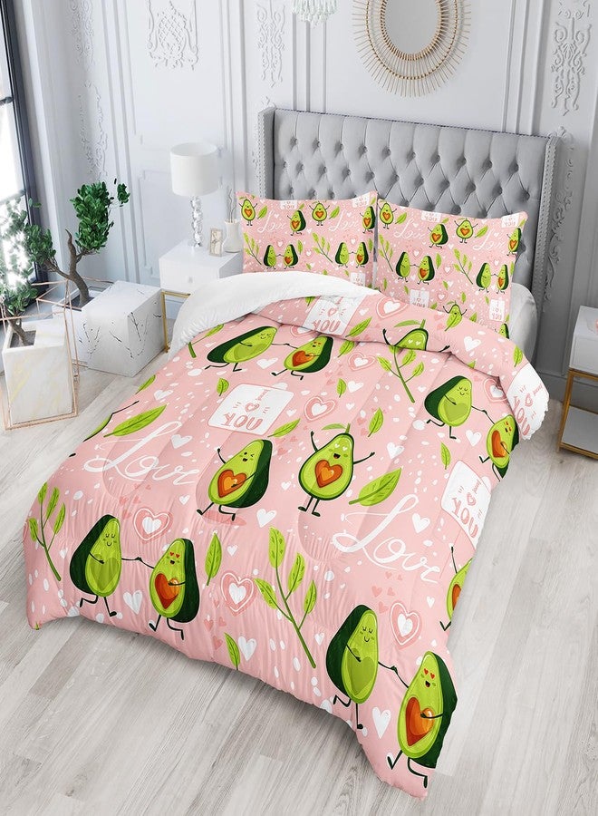 AILONEN Kawaii Avocado Comforter Set Twin Size,Pink Love Cute Avocado Bedding Set for Kids Women,Fruit Printed Bed in a Bag Pink Comforter and 2 Pillowcases for Room Decor,3 Pieces - Image 2