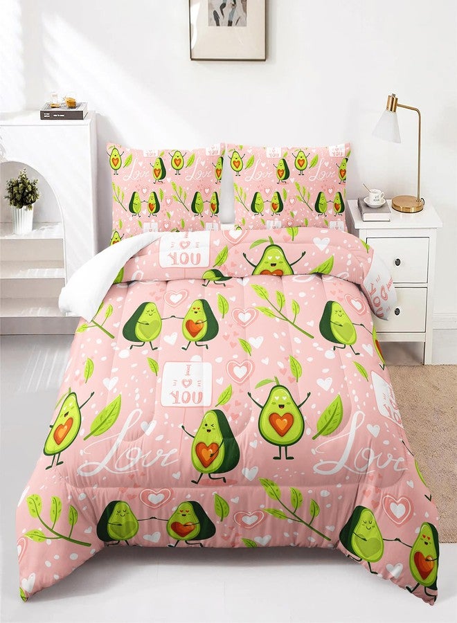 AILONEN Kawaii Avocado Comforter Set Twin Size,Pink Love Cute Avocado Bedding Set for Kids Women,Fruit Printed Bed in a Bag Pink Comforter and 2 Pillowcases for Room Decor,3 Pieces - Image 1