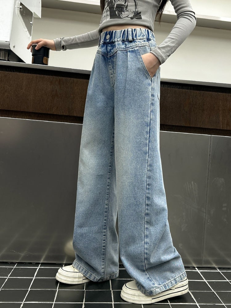 Girls Jeans Girls Big Children Casual Wide Leg Pants Straight Tube Loose Jeans Trendy - Image 3