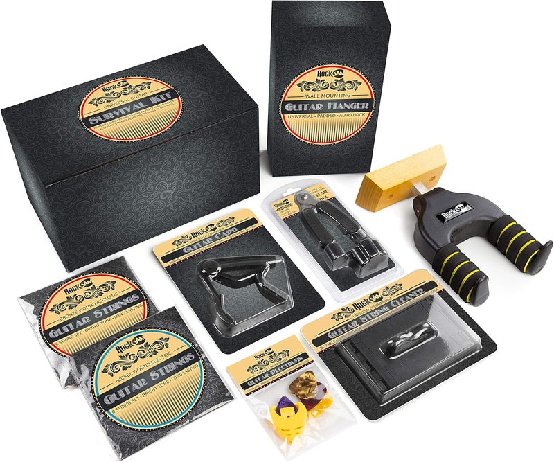 RockJam Universal Guitar Accessories Super-kit with Hanger, Capo, Electric & Acoustic Strings, Tuner Multi-Tool, Plectrums & Pick Holder (RJACC01) - Image 2