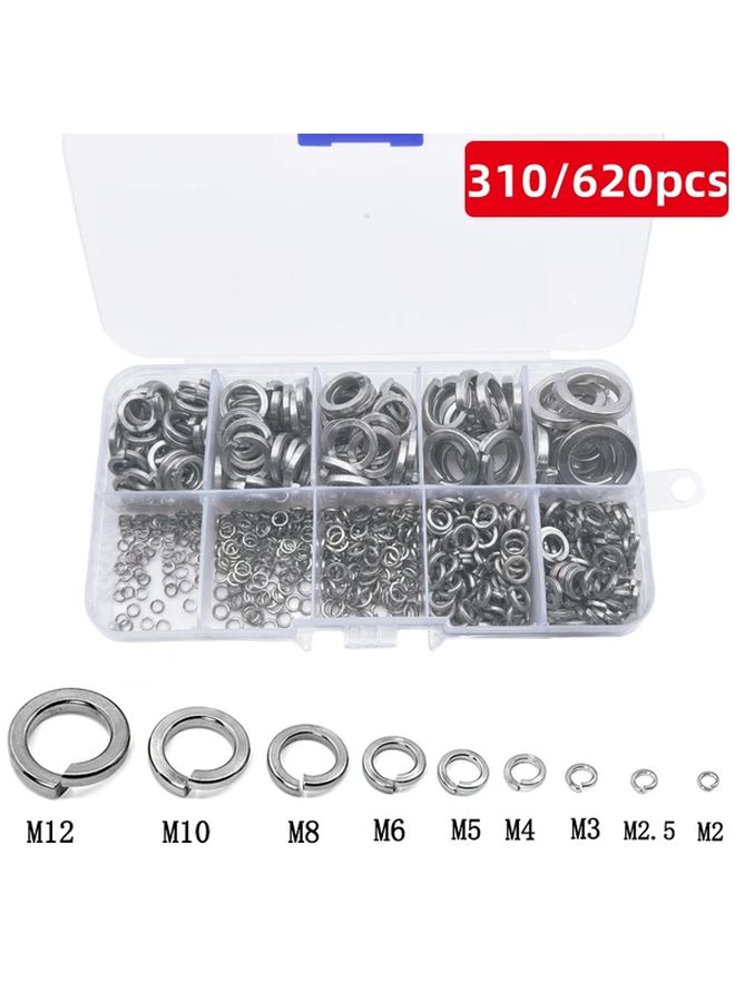 304 Stainless Steel Spring Washers Assortment Kit 620 Pcs 9 Sizes M2 M3 M4 M5 M6 M8 M10 M12 - Image 1