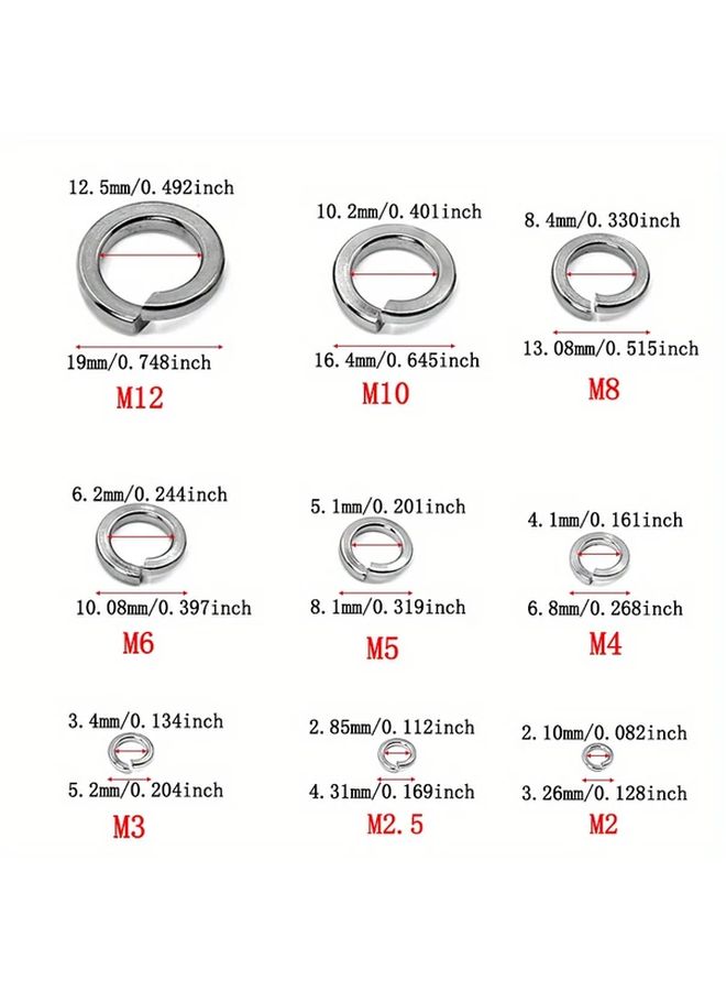 304 Stainless Steel Spring Washers Assortment Kit 620 Pcs 9 Sizes M2 M3 M4 M5 M6 M8 M10 M12 - Image 4