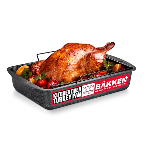 BAKKENMASTER BAKKEN Nonstick Turkey Roasting Pan with Rack 17 X 13 inch Large HeavyDuty Carbon Steel Roasting Pan Wide Handles Versatile for Baking Grilling Roasting Oven Safe Up to 450F Gray Marble - Image 1