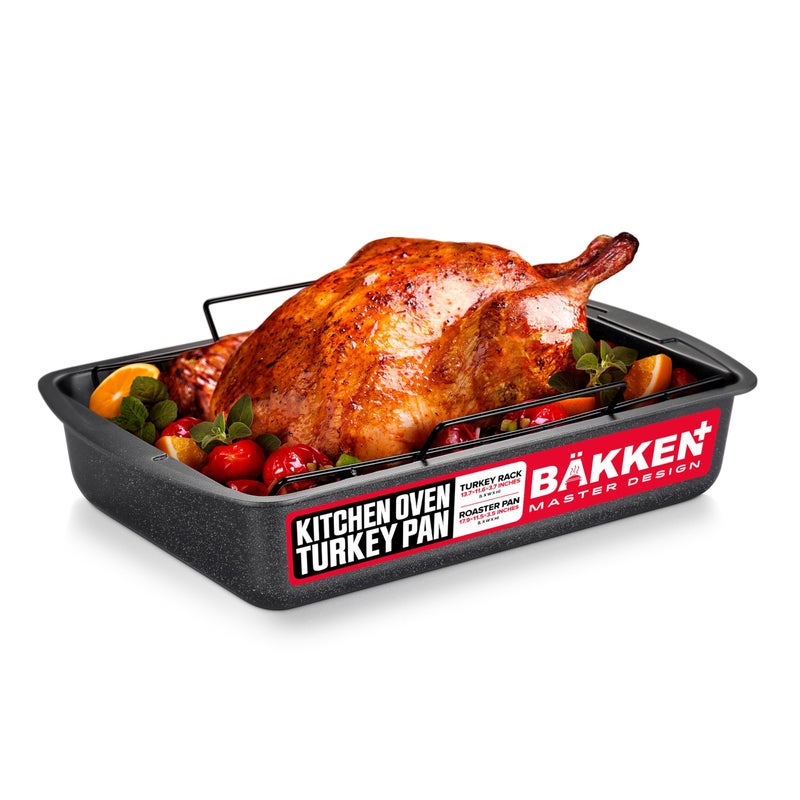 BAKKENMASTER BAKKEN Nonstick Turkey Roasting Pan with Rack 17 X 13 inch Large HeavyDuty Carbon Steel Roasting Pan Wide Handles Versatile for Baking Grilling Roasting Oven Safe Up to 450F Gray Marble - Image 2