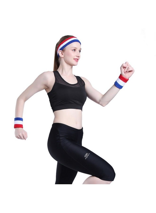 OnUpgo - Sweatband Set Premium Sports Headband Wristband Set Sweatbands Terry Cloth Wristband Wrist Sweatband Headbands Moisture Wicking Sweat Absorbing Head Band Red/White/Blue - Image 1