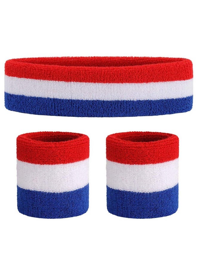 OnUpgo - Sweatband Set Premium Sports Headband Wristband Set Sweatbands Terry Cloth Wristband Wrist Sweatband Headbands Moisture Wicking Sweat Absorbing Head Band Red/White/Blue - Image 1