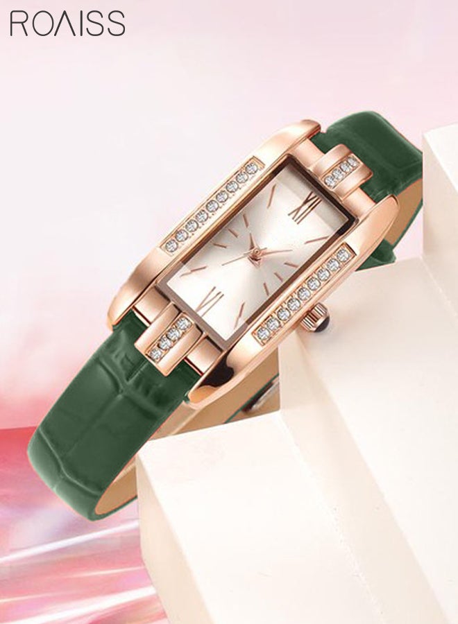roaiss Women's PU Leather Strap Quartz Watch Analog Display Rectangle White Dial with Rhinestones Decoration Elegant Wristwatch as Gift for Ladies - Image 1