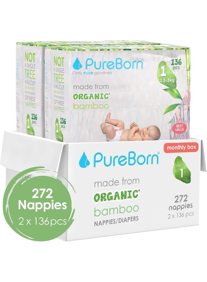 PureBorn حفاضات بيور بورن العضوية من الخيزران للأطفال الحجم 1 | حفاضات صديقة للبيئة بنمط الشريط | حتى 5 كجم | عدد 272 | تصميمات متنوعة - Image 2