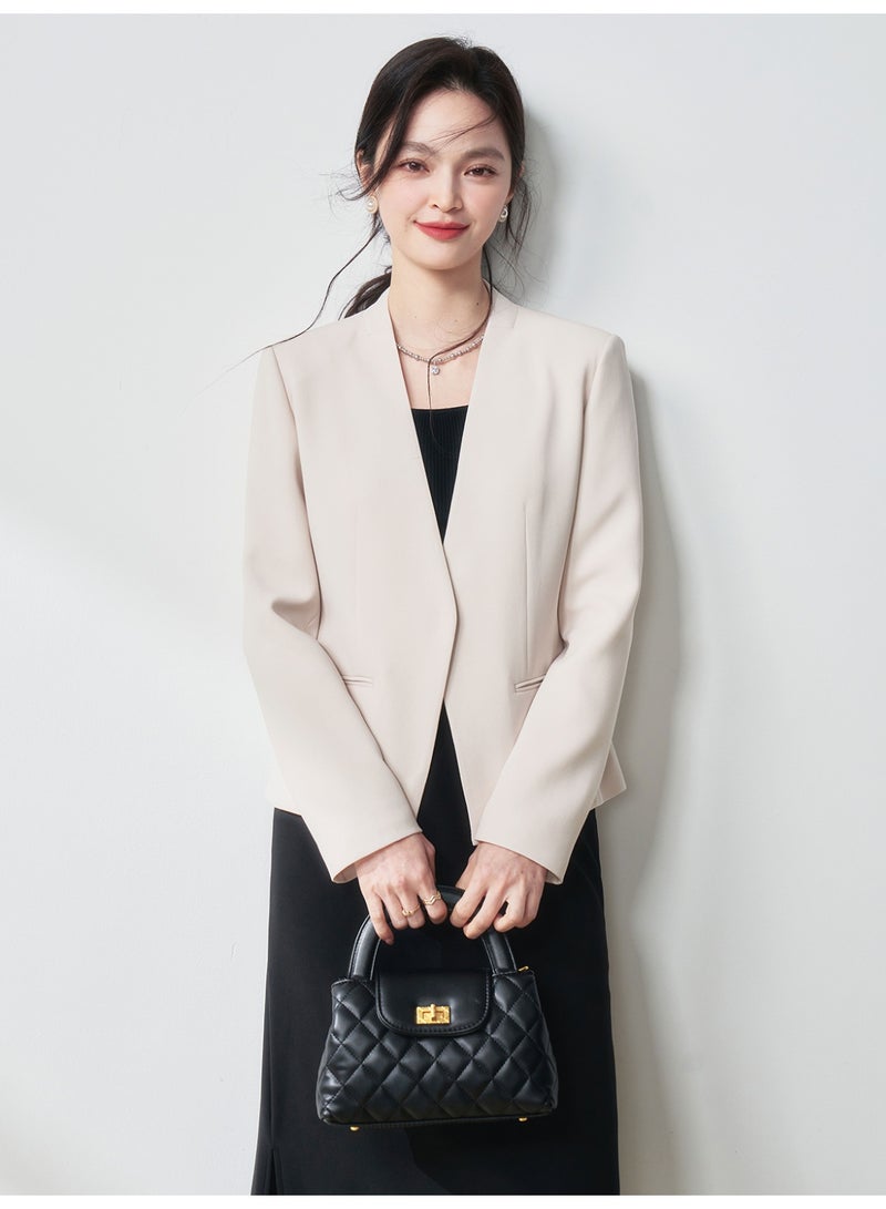 Women Elegant Formal Blazer Jacket - Slim Fit Solid Color Long Sleeve Suit Jacket One Button Workwear Office Wear Casual Outerwear Off White - Image 4