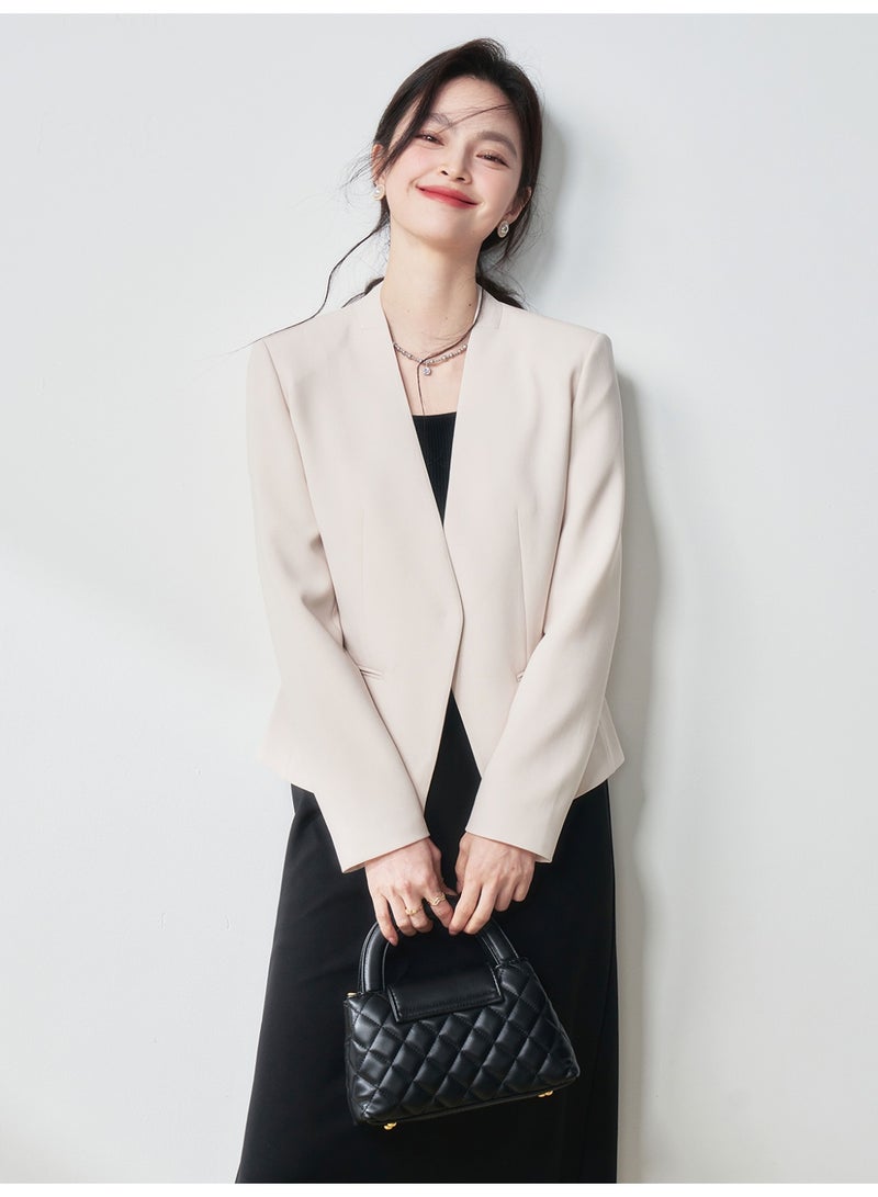 Women Elegant Formal Blazer Jacket - Slim Fit Solid Color Long Sleeve Suit Jacket One Button Workwear Office Wear Casual Outerwear Off White - Image 1