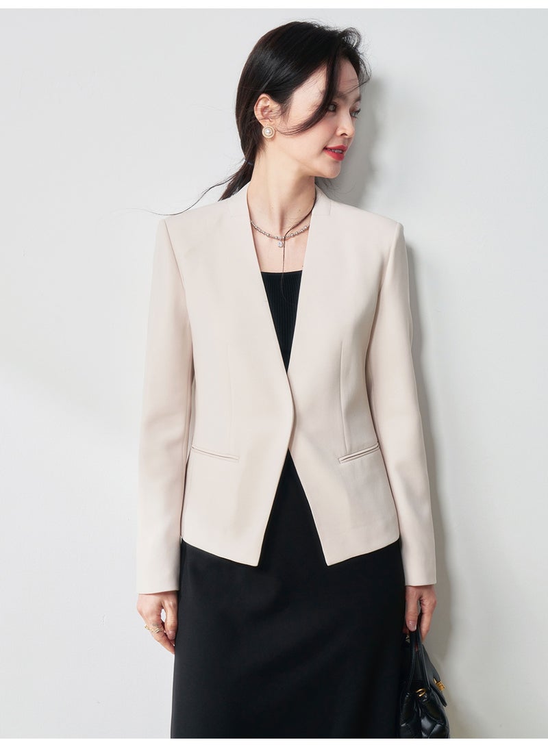 Women Elegant Formal Blazer Jacket - Slim Fit Solid Color Long Sleeve Suit Jacket One Button Workwear Office Wear Casual Outerwear Off White - Image 3
