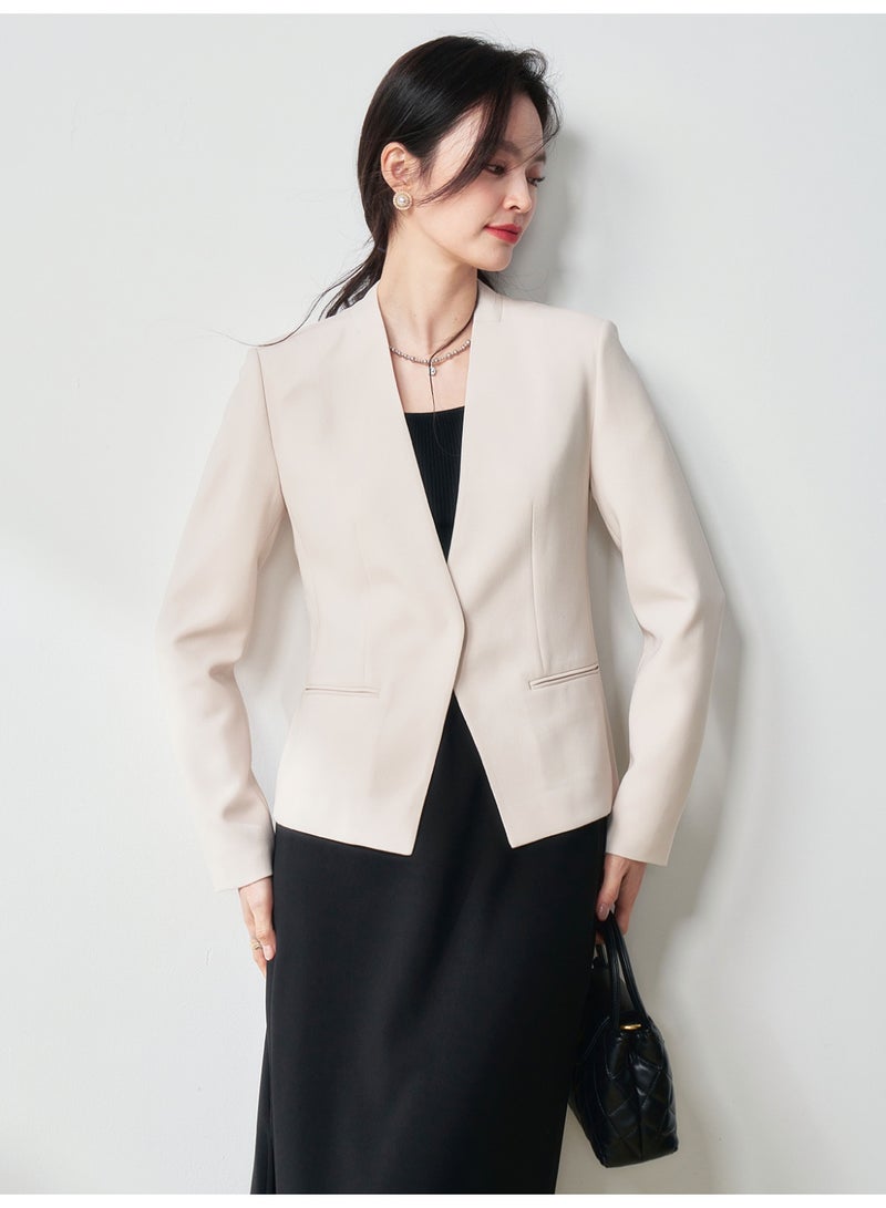 Women Elegant Formal Blazer Jacket - Slim Fit Solid Color Long Sleeve Suit Jacket One Button Workwear Office Wear Casual Outerwear Off White - Image 5