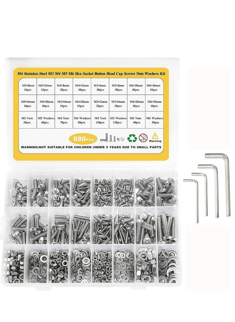 SYOSI - 880Pcs M6 M5 M4 M3 Screws Bolts Nuts Lock and Flat Gasket Washers Assortment Kit Stainless Steel Hex Socket Button Head Bolts Nuts Washers Kit with 4Pieces Hex Keys for Free included Tool Box - Image 1