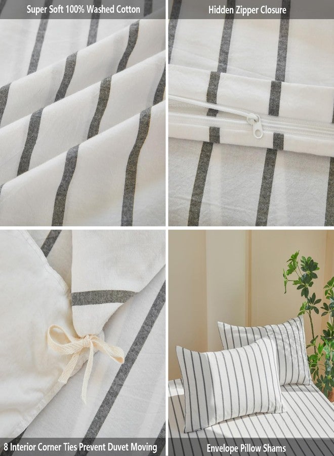 DONEUS White Striped Duvet Cover Set 100% Washed Cotton Linen Like Super Soft Breathable Comfy 3 Pieces Bedding Set with Zipper Closure (White Dark Grey Wide Stripes, Queen 90"x90") - Image 5
