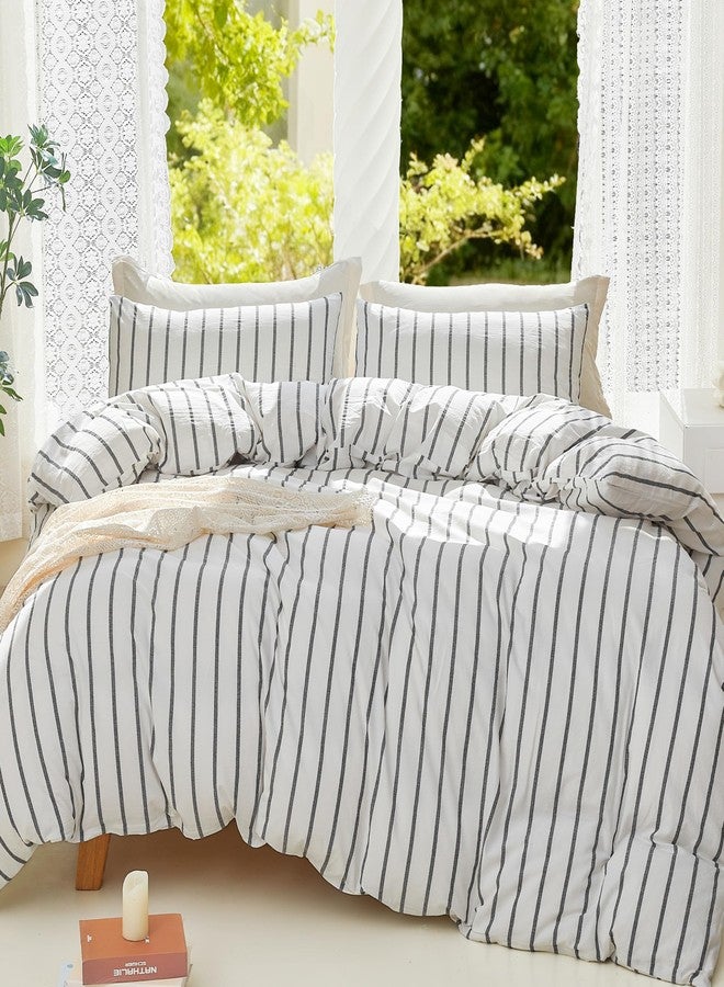 DONEUS White Striped Duvet Cover Set 100% Washed Cotton Linen Like Super Soft Breathable Comfy 3 Pieces Bedding Set with Zipper Closure (White Dark Grey Wide Stripes, Queen 90"x90") - Image 1