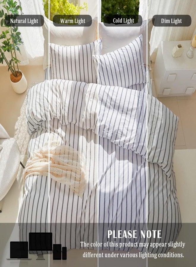 DONEUS White Striped Duvet Cover Set 100% Washed Cotton Linen Like Super Soft Breathable Comfy 3 Pieces Bedding Set with Zipper Closure (White Dark Grey Wide Stripes, Queen 90"x90") - Image 4