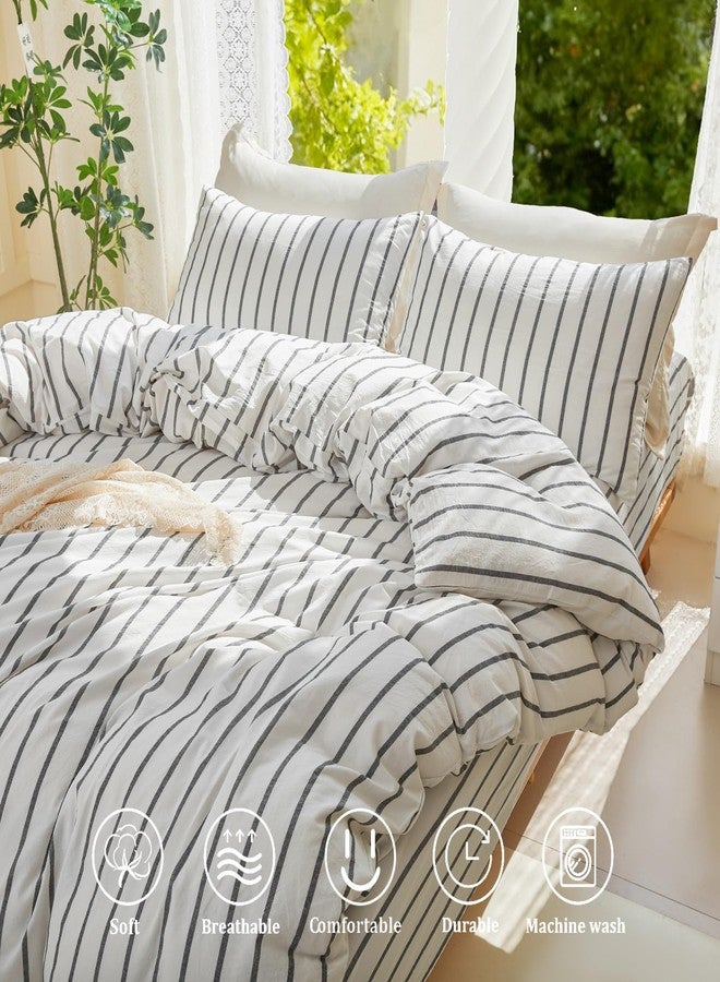 DONEUS White Striped Duvet Cover Set 100% Washed Cotton Linen Like Super Soft Breathable Comfy 3 Pieces Bedding Set with Zipper Closure (White Dark Grey Wide Stripes, Queen 90"x90") - Image 3