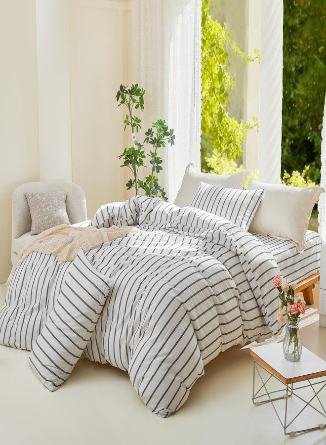 DONEUS White Striped Duvet Cover Set 100% Washed Cotton Linen Like Super Soft Breathable Comfy 3 Pieces Bedding Set with Zipper Closure (White Dark Grey Wide Stripes, Queen 90"x90") - Image 2