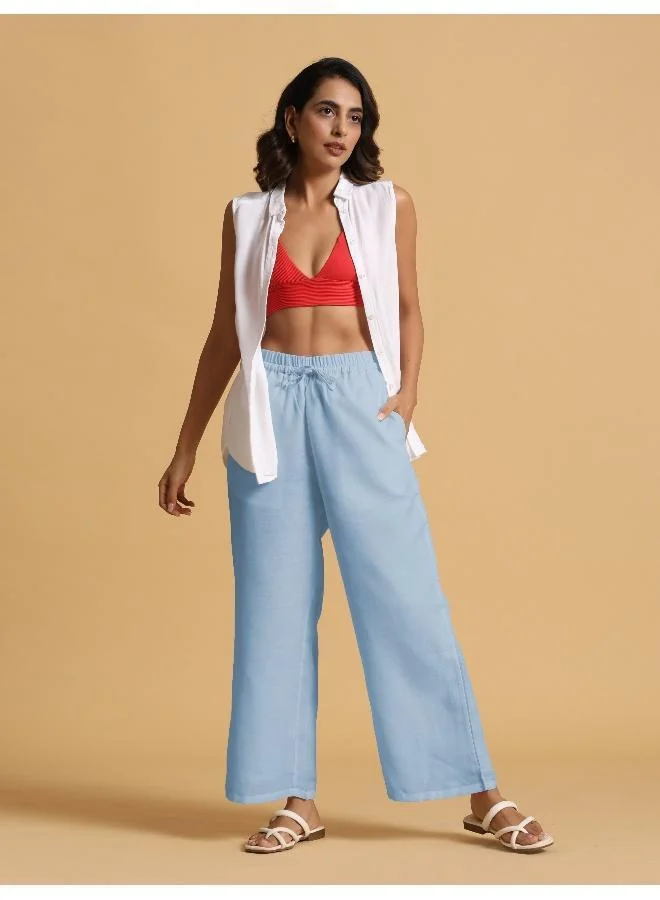 trueBrowns trueBrowns Light Blue Cotton Blend Straight Drawstring Pants