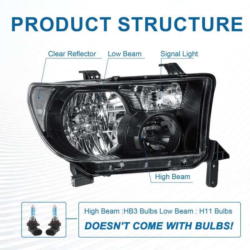 Fullux for 2007-2013 Toyota Tundra Headlights Assembly Compatible with 2008-2017 Toyota Sequoia 2 Headlamps Black Housing Clear Reflector - Image 3