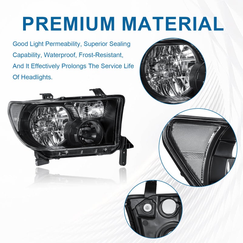 Fullux for 2007-2013 Toyota Tundra Headlights Assembly Compatible with 2008-2017 Toyota Sequoia 2 Headlamps Black Housing Clear Reflector - Image 2