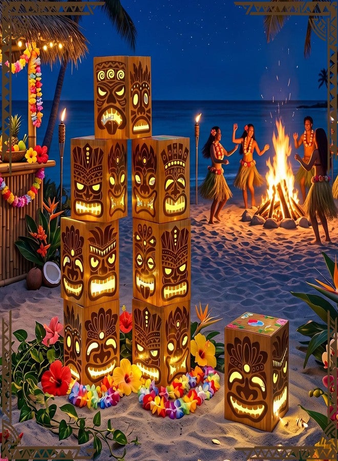 Capoda 9.8in 8 Pcs Tiki Totem Box Decor with Light Hawaiian Luau Party Decoration Tropical Aloha Luau Decor Bar Lighted Gift Boxes for Bar Summer Garden Patio Porch Outdoor - Image 1