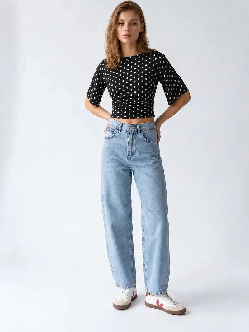 Mixray Light-Mid Blue Denim MIXRAY High-Waist Wide-Leg Cotton Denim Jeans for Women | Best Price UAE