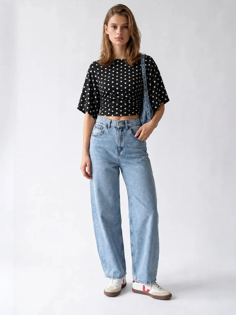 Mixray Light-Mid Blue Denim MIXRAY High-Waist Wide-Leg Cotton Denim Jeans for Women | Best Price UAE