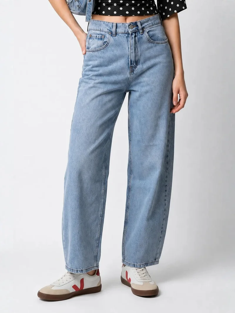 Mixray Light-Mid Blue Denim MIXRAY High-Waist Wide-Leg Cotton Denim Jeans for Women | Best Price UAE