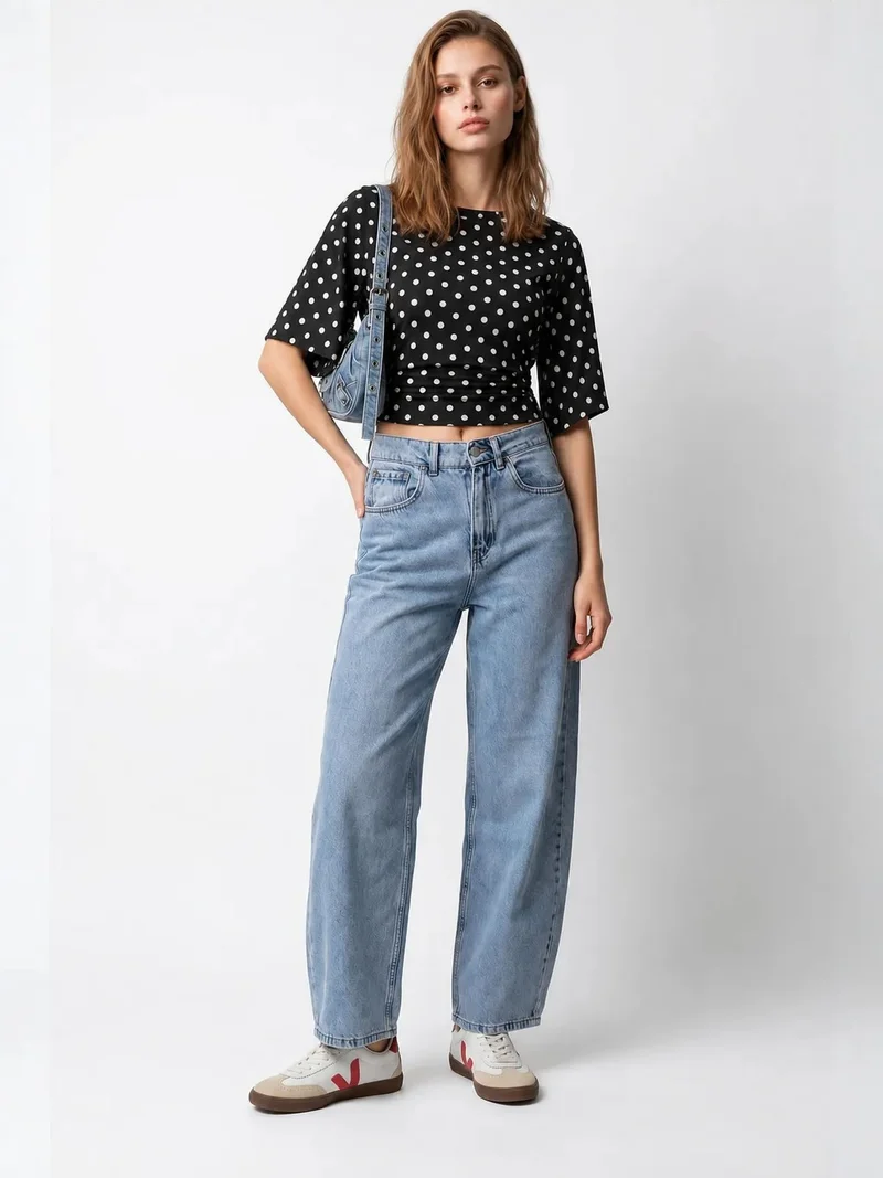 Mixray Light-Mid Blue Denim MIXRAY High-Waist Wide-Leg Cotton Denim Jeans for Women | Best Price UAE