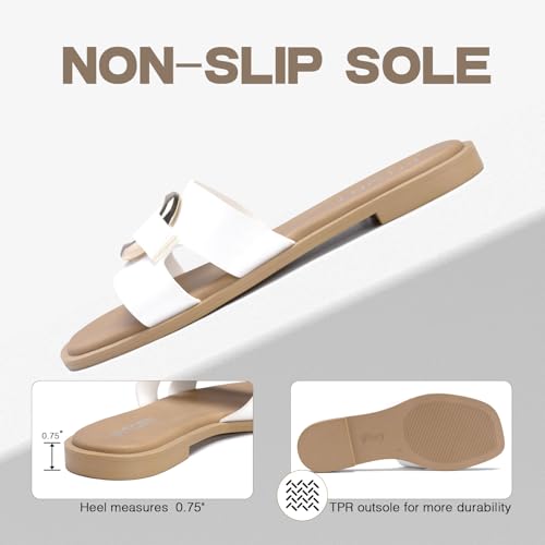 FITORY Women's Flat Sandals Fashion Square Open Toe Slides With Metal Chain Slippers for Summer Size 8 White - Image 2