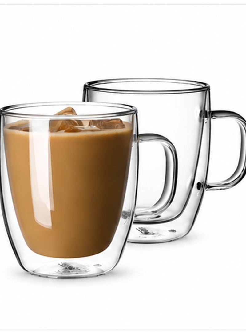 JIHAM Double Wall Glass Coffee Mugs Set of 2 | Transparent Insulated Glass Cups with Handle | Tea, Coffee, Latte & Cappuccino Cups - Image 1