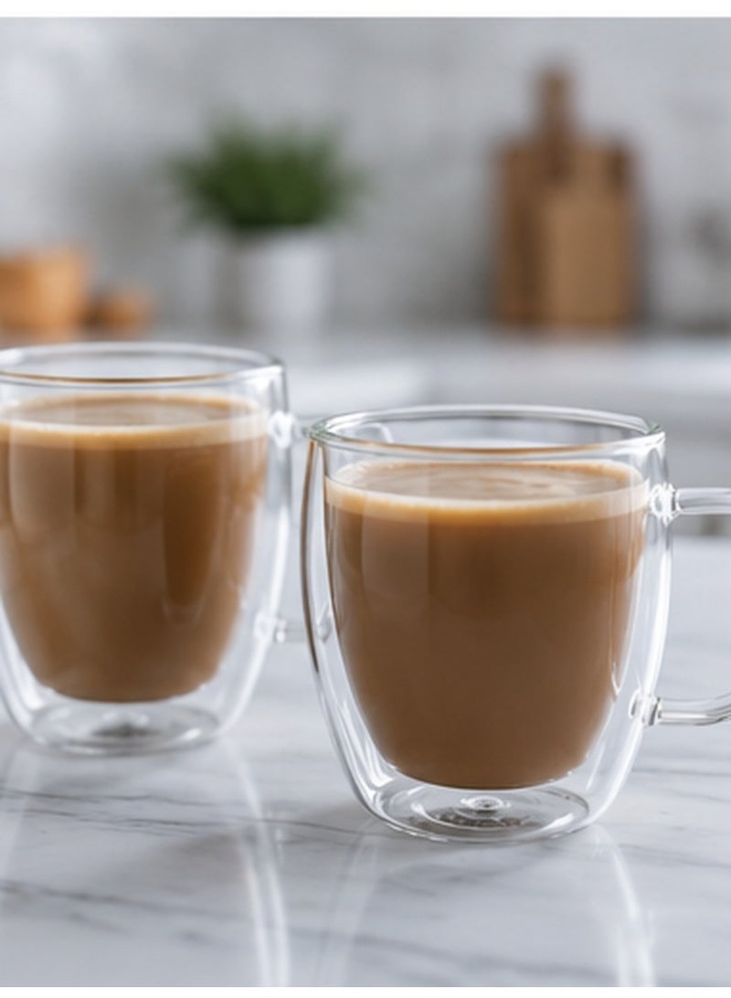 JIHAM Double Wall Glass Coffee Mugs Set of 2 | Transparent Insulated Glass Cups with Handle | Tea, Coffee, Latte & Cappuccino Cups - Image 4