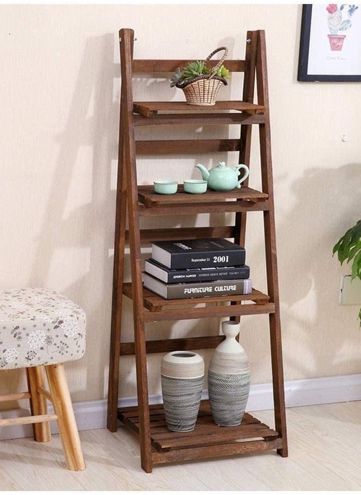 LINGWEI Pure Solid Wood Ladder Design Foldable 4 Layers Flowers Pot Stand Plants Rack Wooden Decorative Book Case Storage Organizer Washroom Display Shelf  - Image 2